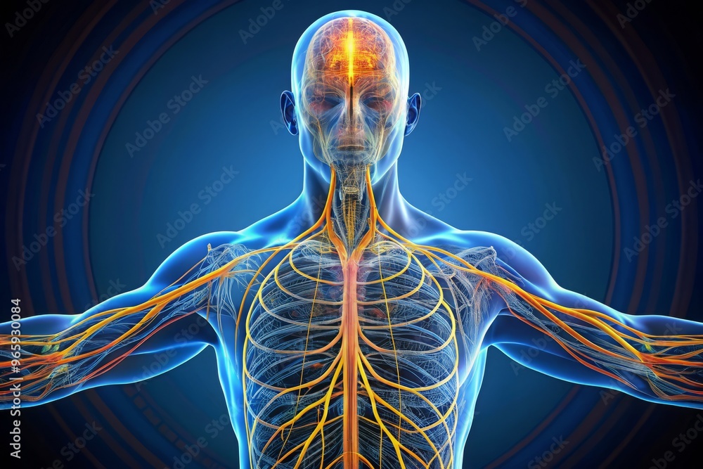 Illustration of the human nervous system, emphasizing the complex pathways and structures, presented in a detailed and precise manner, with a focus on the intersection of art and science. Illustration of the human nervous system, emphasizing the complex pathways and structures, presented in a detailed and precise manner, with a focus on the intersection of art and science.