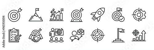 Business mission target thin line icon set. Containing arrow, mountain peak, goal, achievement, dartboard, rocket, startup, checklist, teamwork, accurate, strategy, objective aim, development, success