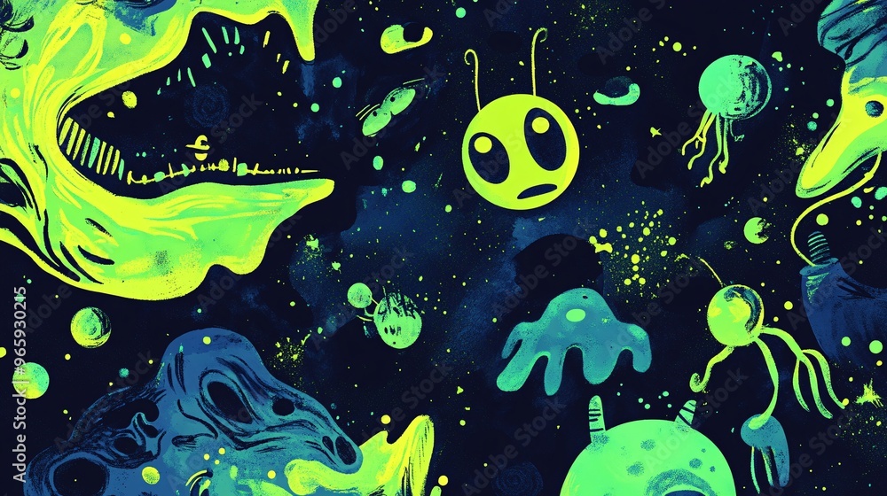 Abstract Neon Green and Blue Space Background with Alien and Stars Abstract Neon Green and Blue Space Background with Alien and Stars