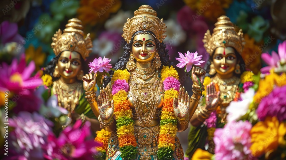 Goddess Laxmi portrait LAKSHMI Beautiful Hindu goddess with golden lotus and colorful flower garlands, holy face with happy smile, wearing yellow dress with red border on chest, full body with detaile Goddess Laxmi portrait LAKSHMI Beautiful Hindu goddess with golden lotus and colorful flower garlands, holy face with happy smile, wearing yellow dress with red border on chest, full body with detaile