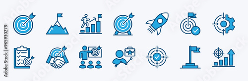 Set of business mission target icon. Containing arrow, mountain peak, goal, achievement, dartboard, rocket, startup, checklist, teamwork, accurate, strategy, aim, development, success, objective