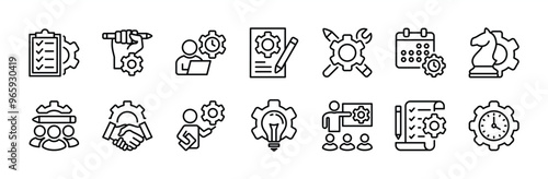 Business project thin line icon set. Containing checklist, planning, teamwork, strategy idea, manager, training, employee, schedule, time, development, innovation, solution, leadership, meeting vector