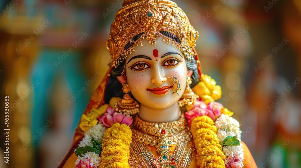 Goddess Laxmi portrait LAKSHMI Beautiful Hindu goddess with golden lotus and colorful flower garlands, holy face with happy smile, wearing yellow dress with red border on chest, full body with detaile Goddess Laxmi portrait LAKSHMI Beautiful Hindu goddess with golden lotus and colorful flower garlands, holy face with happy smile, wearing yellow dress with red border on chest, full body with detaile