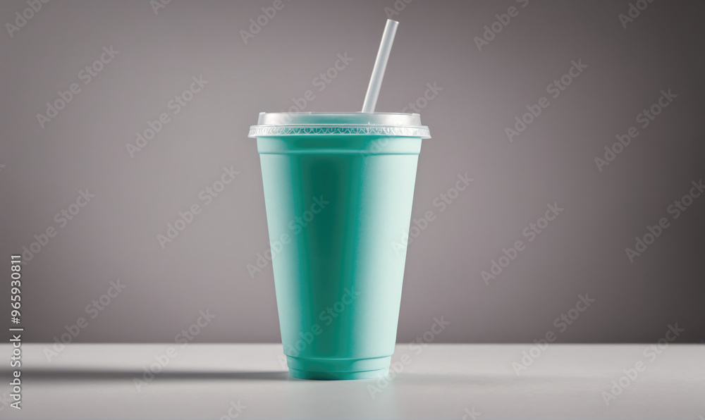 A teal-colored beverage in a disposable cup with a straw sits on a white table in front of a gray background A teal-colored beverage in a disposable cup with a straw sits on a white table in front of a gray background