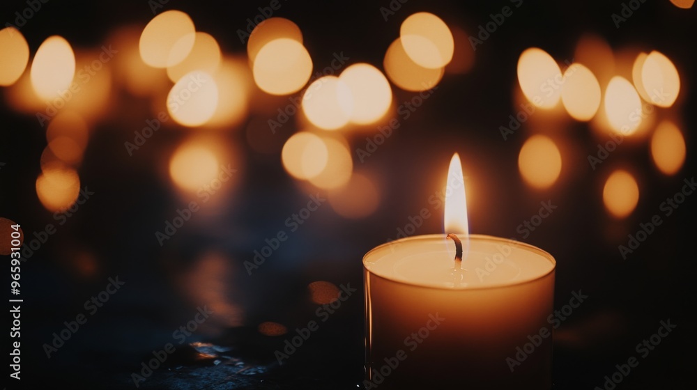 Candles Burning at Night. White Candles Burning in the Dark with focus on single candle in foreground Candles Burning at Night. White Candles Burning in the Dark with focus on single candle in foreground