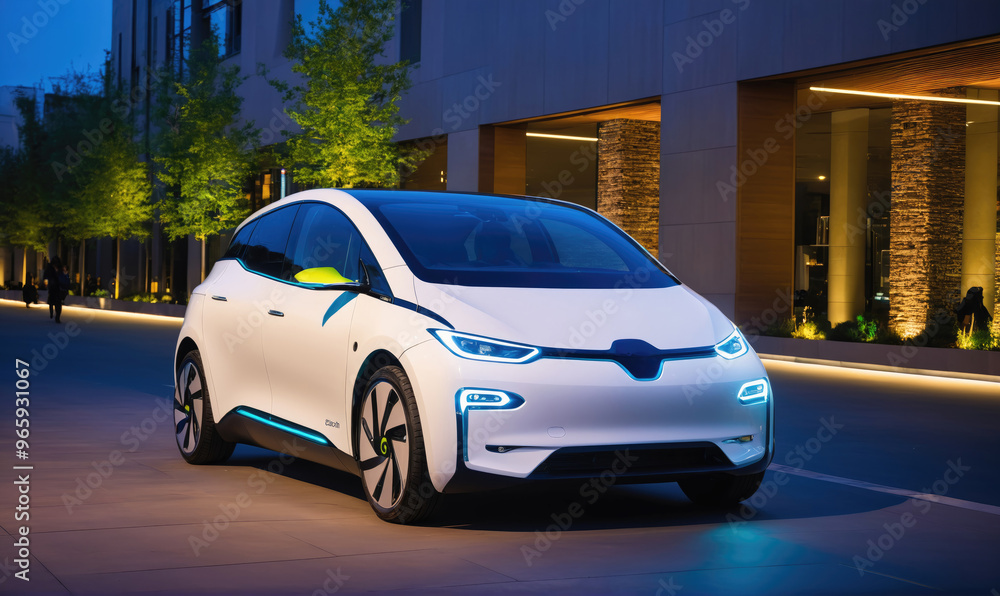 A white electric car is parked on a street in the city at night A white electric car is parked on a street in the city at night