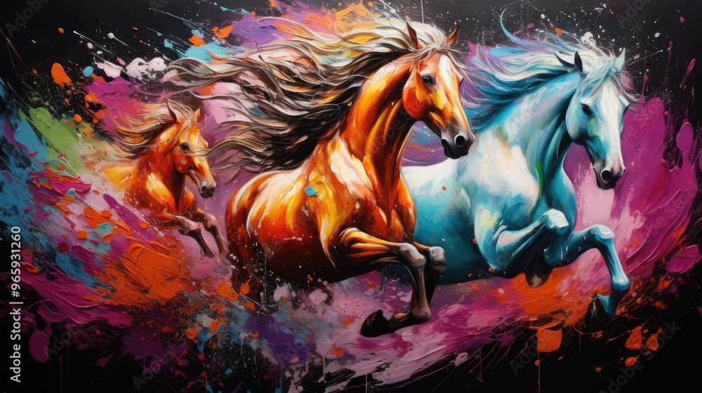 A vibrant, dynamic painting of three horses in motion, showcasing expressive colors and fluid movement against a colorful backdrop. A vibrant, dynamic painting of three horses in motion, showcasing expressive colors and fluid movement against a colorful backdrop.