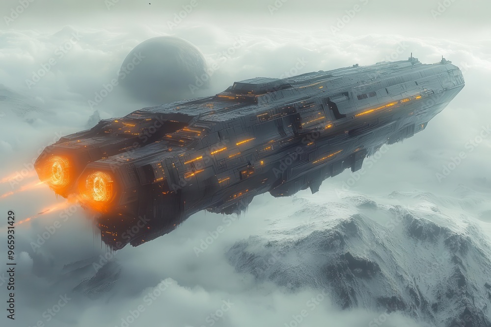 colossal futuristic battleship hovering over an alien landscape sleek angular design with glowing energy weapons mysterious planet surface below with twin moons in the sky colossal futuristic battleship hovering over an alien landscape sleek angular design with glowing energy weapons mysterious planet surface below with twin moons in the sky