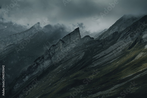 view to the alpenalp rocks in the alpstein mountains photo