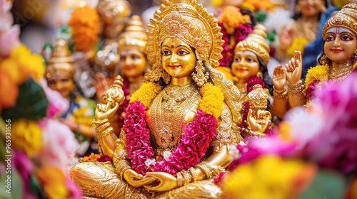 Wallpaper Mural Goddess Laxmi portrait LAKSHMI Beautiful Hindu goddess with golden lotus and colorful flower garlands, holy face with happy smile, wearing yellow dress with red border on chest, full body with detaile Torontodigital.ca