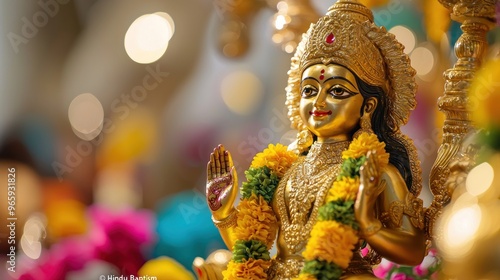 Goddess Laxmi portrait LAKSHMI Beautiful Hindu goddess with golden lotus and colorful flower garlands, holy face with happy smile, wearing yellow dress with red border on chest, full body with detaile