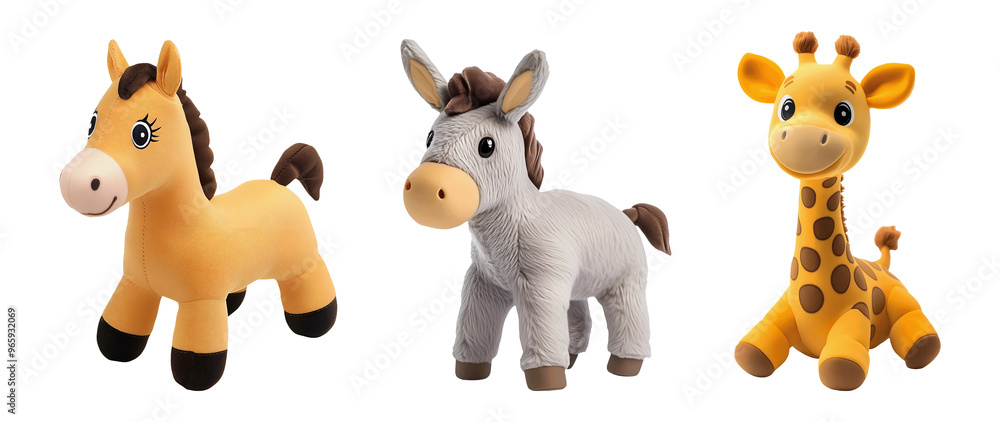Obraz premium Collection set of plush horse, donkey, and giraffe toys isolated on transparent or white background