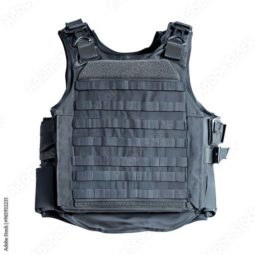 A black tactical vest with adjustable straps and molle webbing for attaching gear.