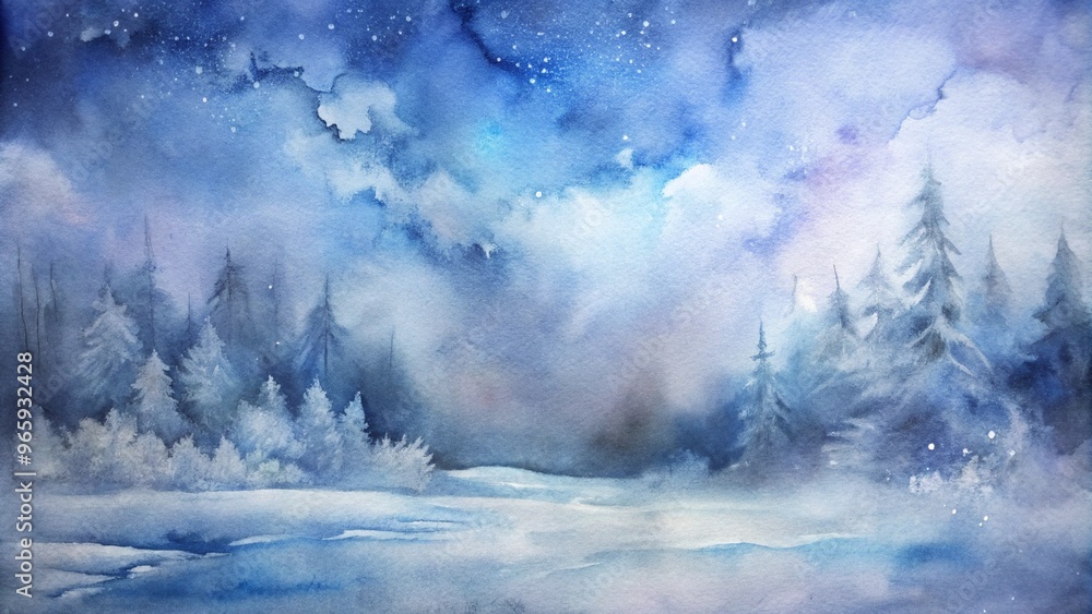 Mystical winter night scene in watercolor style with snowy trees and starry sky Mystical winter night scene in watercolor style with snowy trees and starry sky