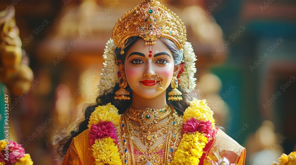 Goddess Laxmi portrait LAKSHMI Beautiful Hindu goddess with golden lotus and colorful flower garlands, holy face with happy smile, wearing yellow dress with red border on chest, full body with detaile Goddess Laxmi portrait LAKSHMI Beautiful Hindu goddess with golden lotus and colorful flower garlands, holy face with happy smile, wearing yellow dress with red border on chest, full body with detaile