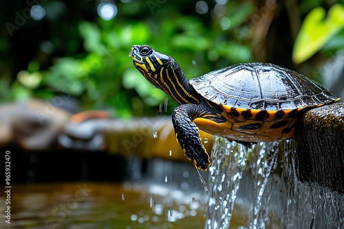 Turtle sitting under a waterfall, letting the water wash over its hard shell as it cools off in the tropical heat