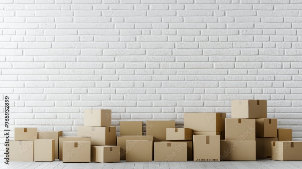cardboard boxes and copy space over white brick wall By Di Studio cardboard boxes and copy space over white brick wall By Di Studio
