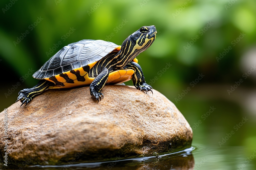 Turtle taking a nap in the sun, its legs stretched out on a warm rock, completely relaxed in the heat Turtle taking a nap in the sun, its legs stretched out on a warm rock, completely relaxed in the heat