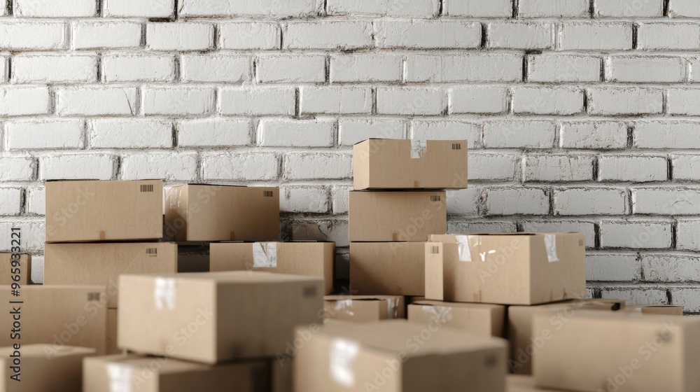 Fototapeta premium cardboard boxes and copy space over white brick wall By Di Studio