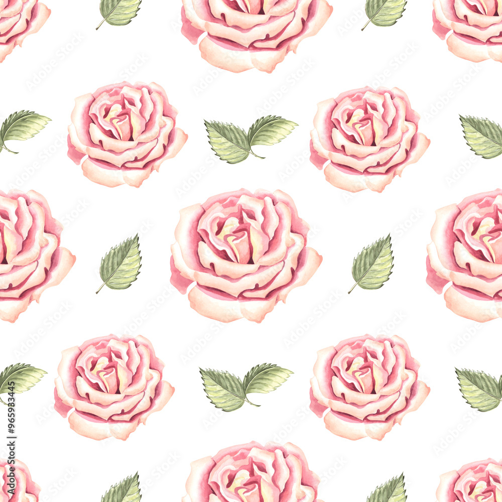 Roses flowers and buds soft light pink with green leaves. Spring seamless pattern. Hand drawn watercolor illustration. Garden plant. Natural floral template for covers, wrapping, scrapbooking, textile Roses flowers and buds soft light pink with green leaves. Spring seamless pattern. Hand drawn watercolor illustration. Garden plant. Natural floral template for covers, wrapping, scrapbooking, textile