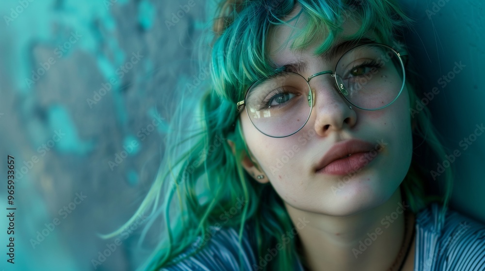 beautiful young woman portrait with green hair and glasses beautiful young woman portrait with green hair and glasses