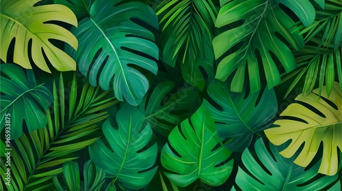 Wallpaper Mural Minimalist Backgrounds: Dense tropical foliage illustration with overlapping green monstera leaves. Torontodigital.ca