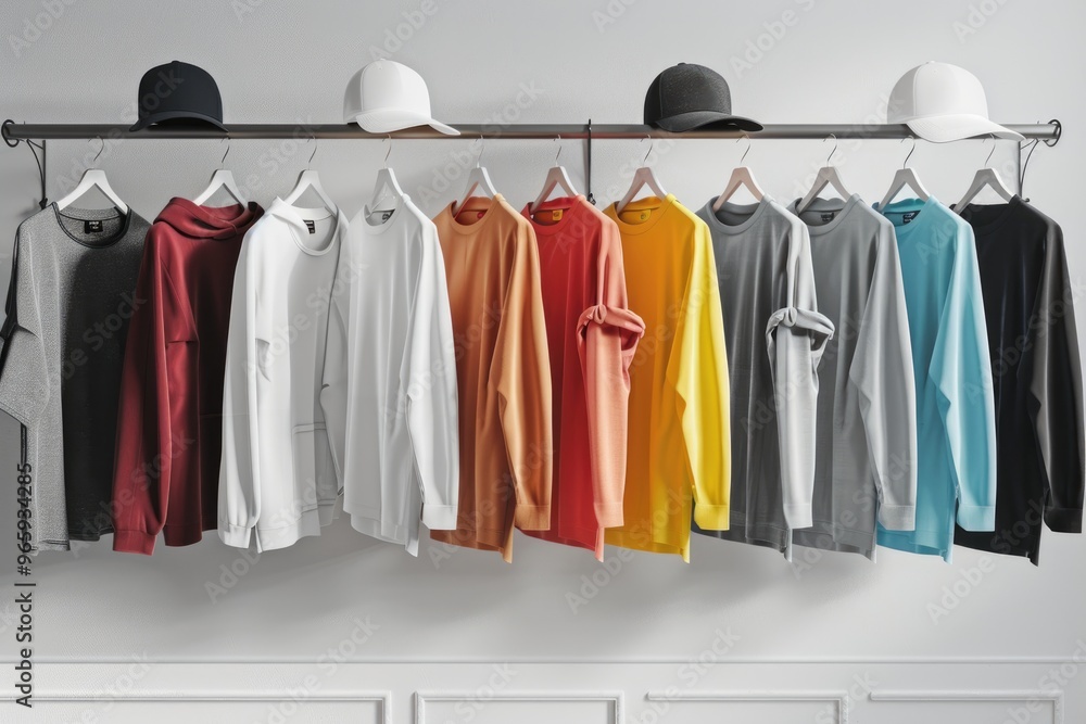 Colorful Hoodies and Caps Hanging on a Rack in a Fashionable Store Display Colorful Hoodies and Caps Hanging on a Rack in a Fashionable Store Display
