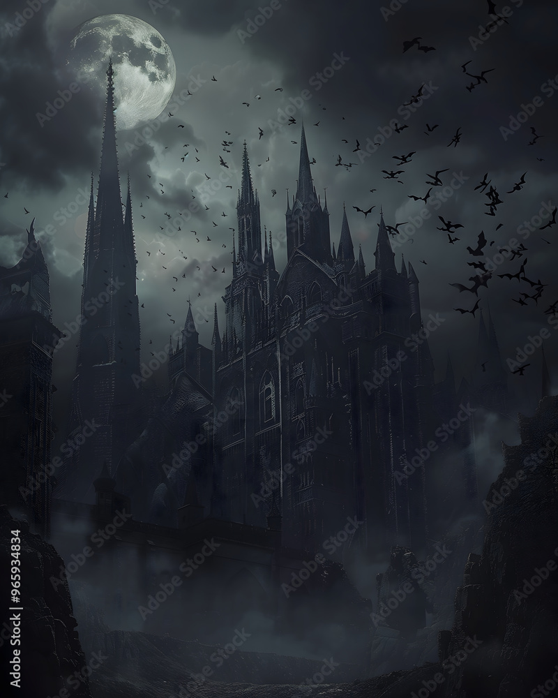 Obraz premium Dark Gothic Castle Under Full Moon with Bats