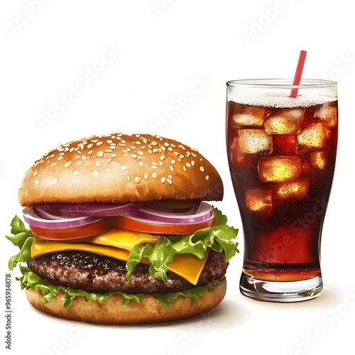 Delicious Cheeseburger with Ice Cold Soda