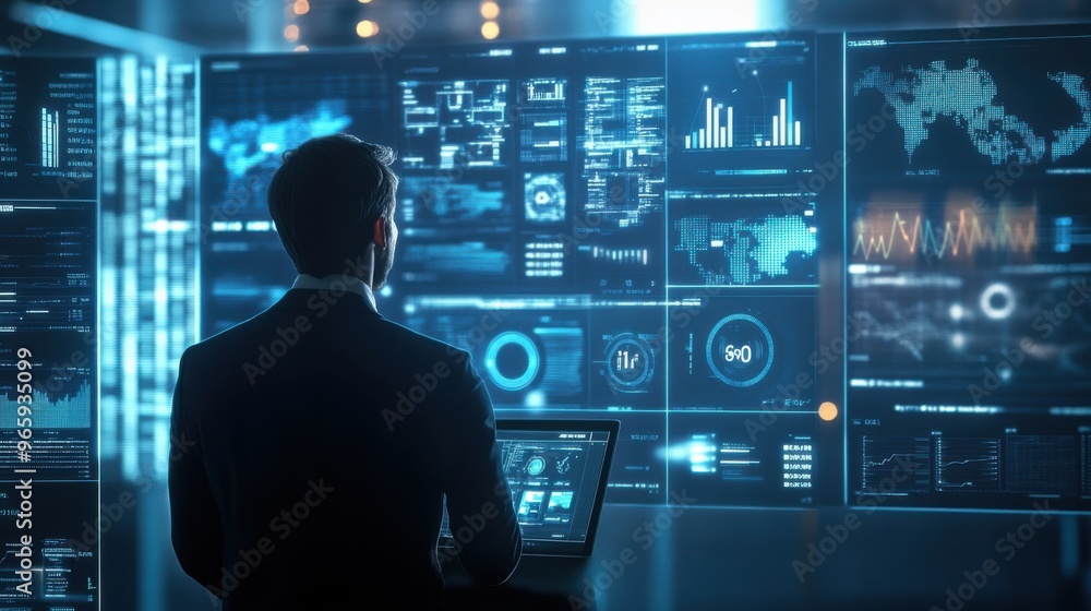 Corporate leader studying ROI metrics on a virtual display, Corporate leader studying ROI metrics on a virtual display,