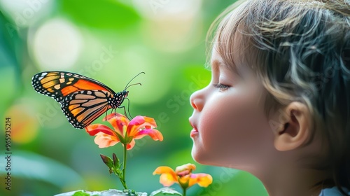 A child admiring a colorful butterfly perched on a flower, with a look of fascination and delight
