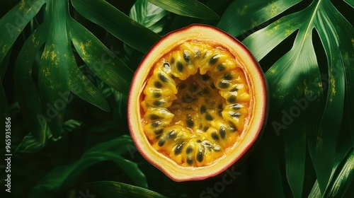 A halved passion fruit revealing its juicy, golden pulp and seeds, set against a backdrop of green palm leaves photo