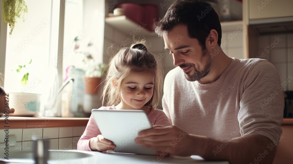 Father and daughter enjoying quality time together while playing on a tablet in a cozy kitchen during the afternoon