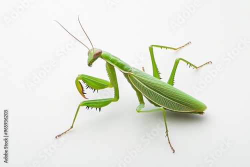 Ultra realistic uhd photo of praying mantis on white plain