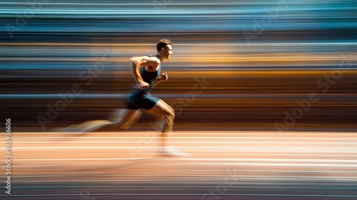 Fototapeta Naklejka Na Ścianę i Meble -  A blurred motion shot of a runner sprinting on a track, capturing the speed and determination of athletic movement.