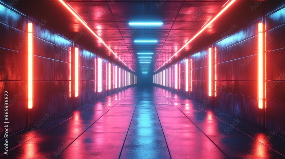 A long, narrow hallway with neon lights on the walls A long, narrow hallway with neon lights on the walls