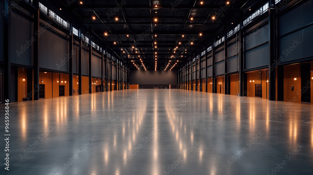 Interior of a large, empty industrial warehouse with high ceilings, illuminated by multiple overhead lights. The spacious area has smooth, reflective flooring. Interior of a large, empty industrial warehouse with high ceilings, illuminated by multiple overhead lights. The spacious area has smooth, reflective flooring.