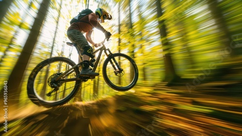 mountain biker soaring midair on forested trail dynamic motion blur dappled sunlight through trees earthy tones adrenalinefueled action photo