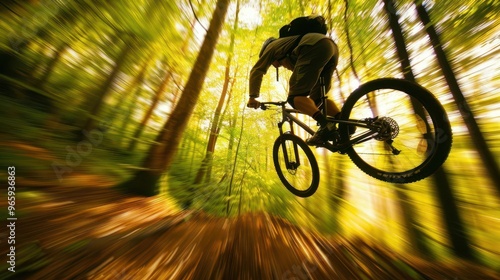 mountain biker soaring midair on forested trail dynamic motion blur dappled sunlight through trees earthy tones adrenalinefueled action photo