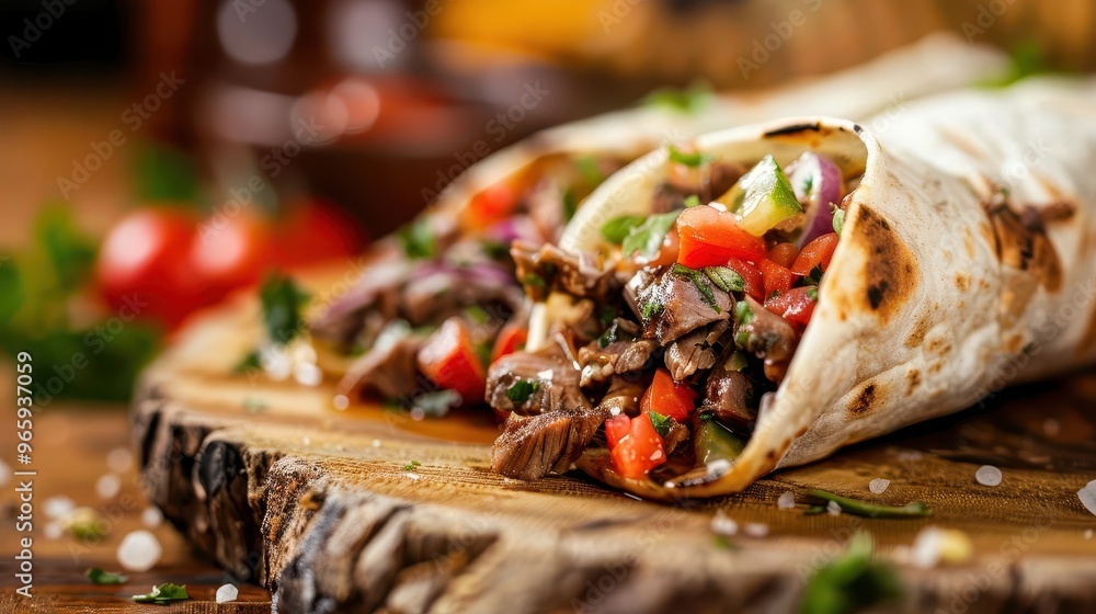 mouthwatering closeup of a perfectly wrapped shawarma on a rustic wooden board showcasing layers of juicy meat fresh vegetables and drizzling sauce in a cozy cafe setting mouthwatering closeup of a perfectly wrapped shawarma on a rustic wooden board showcasing layers of juicy meat fresh vegetables and drizzling sauce in a cozy cafe setting