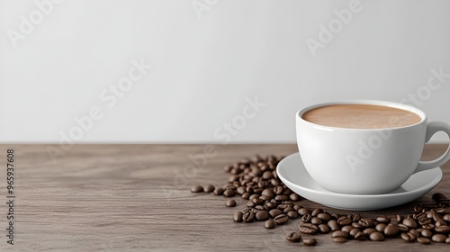 Freshly Brewed Coffee Cup on Rustic Wooden Table with Roasted Beans