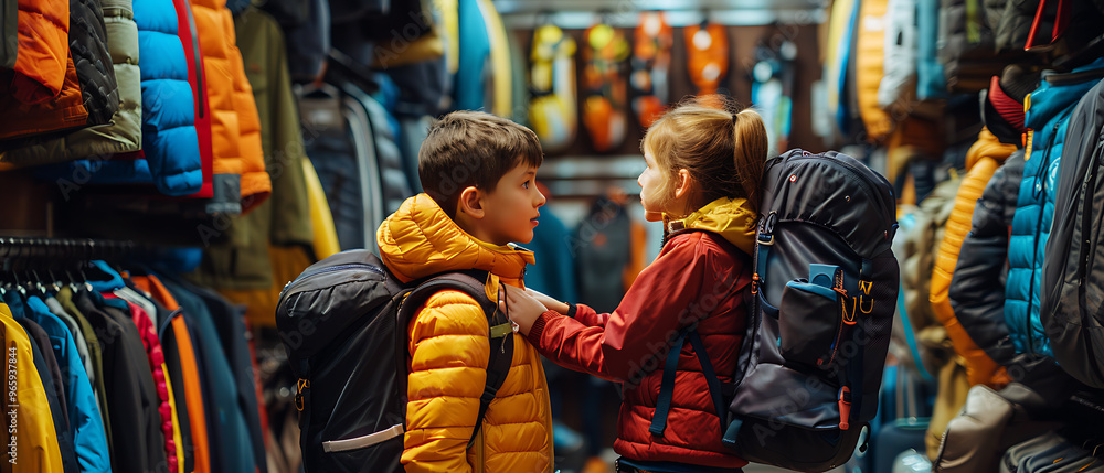 Obraz premium Adventure Shopping: Mother and Son Gear Up for Outdoor Excursions at an Adventure Store