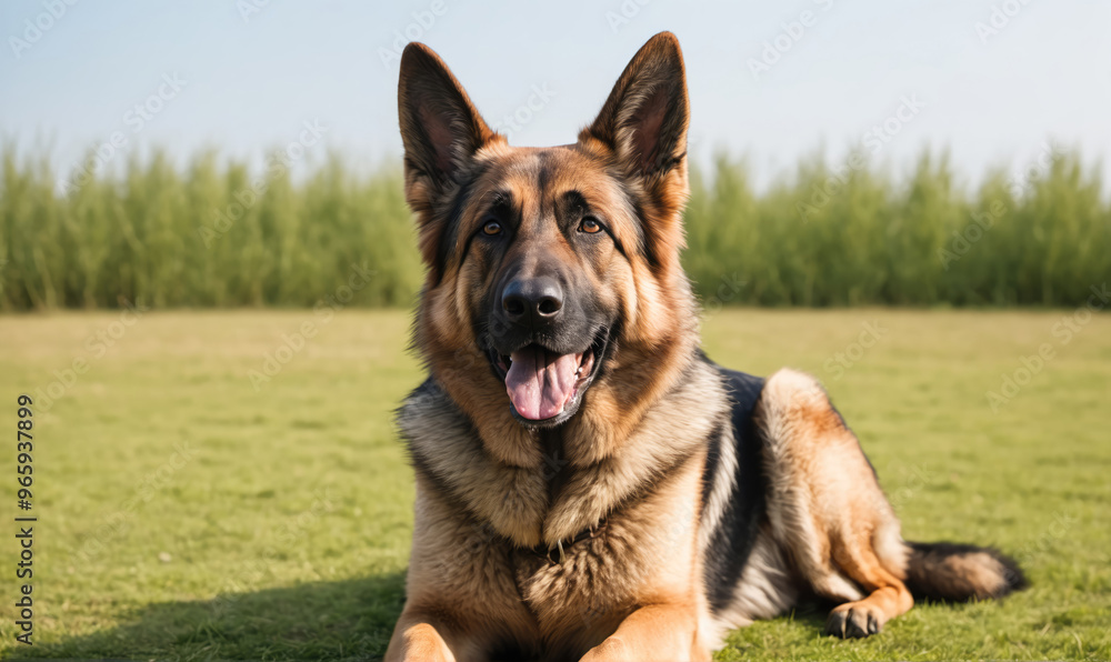 A large German Shepherd dog is laying on the grass A large German Shepherd dog is laying on the grass