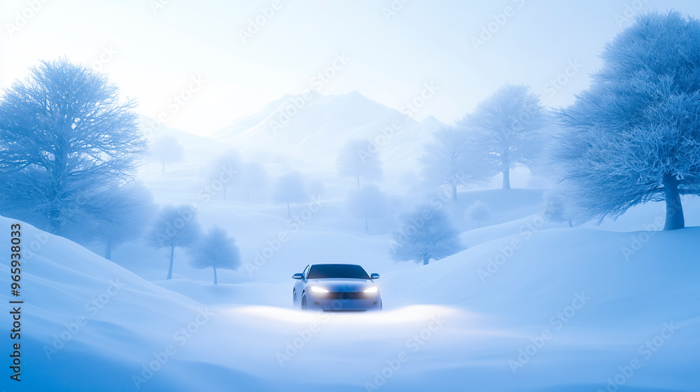 Car driving through snowy landscape with frosty trees and rolling hills under, winter atmosphere Car driving through snowy landscape with frosty trees and rolling hills under, winter atmosphere