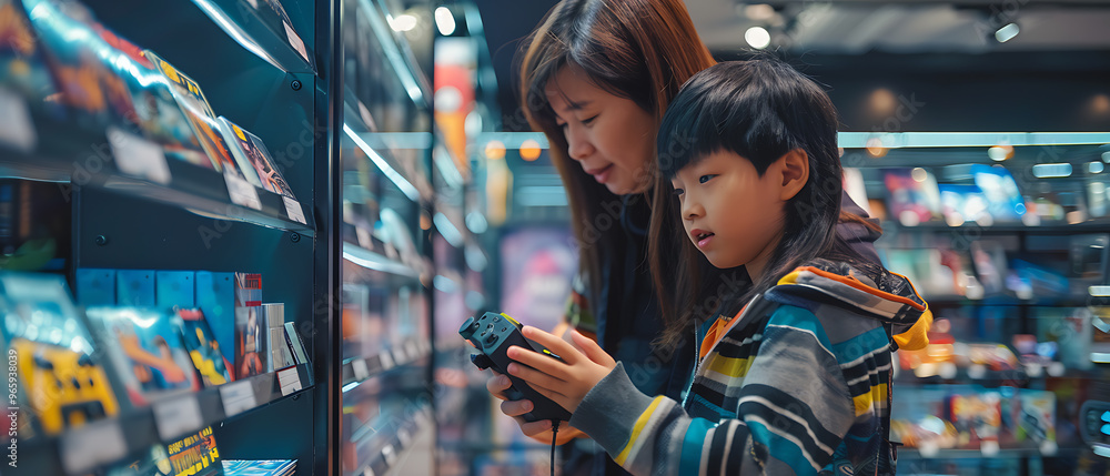Obraz premium Mother and Son Shopping for Gaming Consoles Together, Discussing Video Game Preferences and Hobbies in a Store