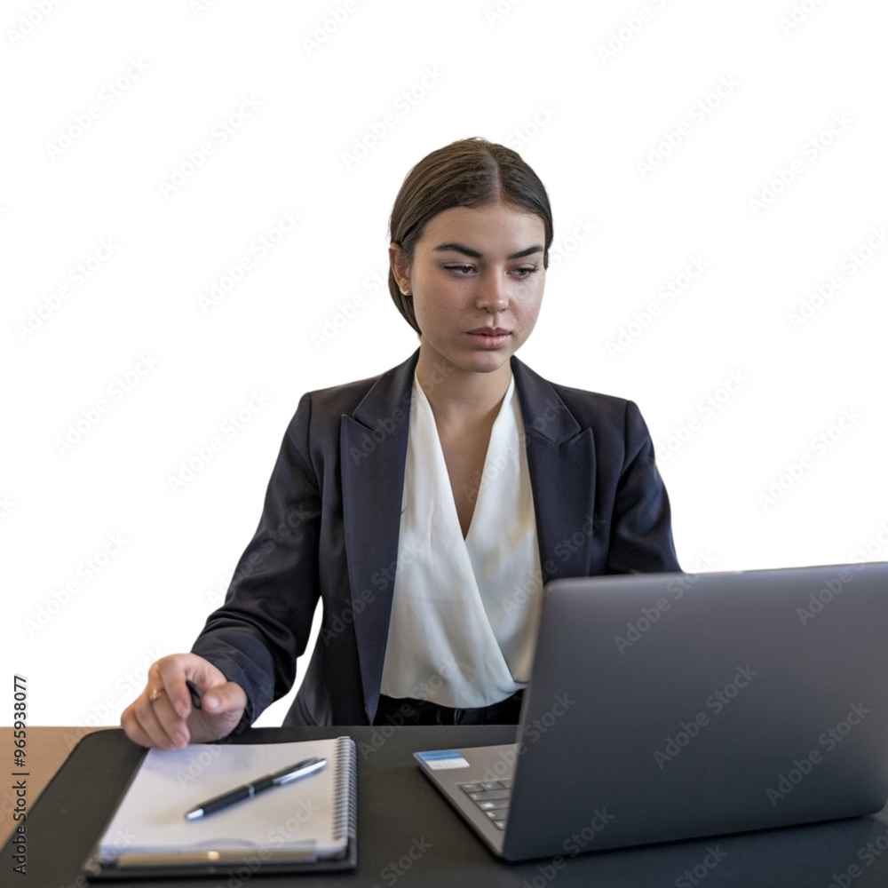 Professional female employee or a businesswoman using a laptop in a modern office. Young happy busy business woman executive using laptop mobile cell phone tech at office Professional female employee or a businesswoman using a laptop in a modern office. Young happy busy business woman executive using laptop mobile cell phone tech at office