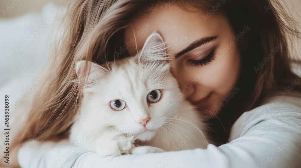 A woman holding a white cat with blue eyes A woman holding a white cat with blue eyes