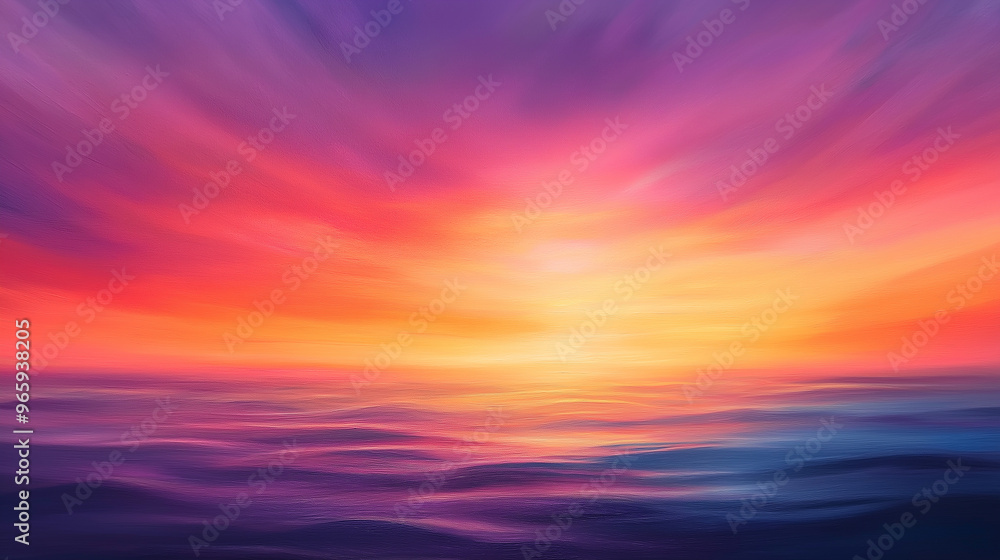 Fototapeta premium A painting of a sunset with a purple sky and a blue ocean