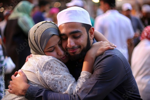 A beautiful Muslim couple lovingly cuddle, radiating warmth and affection. Dressed in traditional attire, they share an intimate and tender moment, symbolizing love, connection, and cultural values. photo