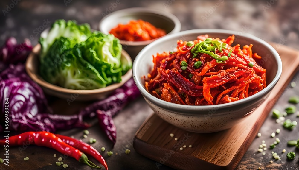 Homemade Spicy Fermented Korean Kimchi in a Bowl
Homemade Spicy Fermented Korean Kimchi in a Bowl
